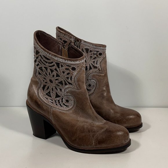 Corral Shoes - Corral Taupe Leather Floral Die Cut Ankle Booties Women Size 6 M